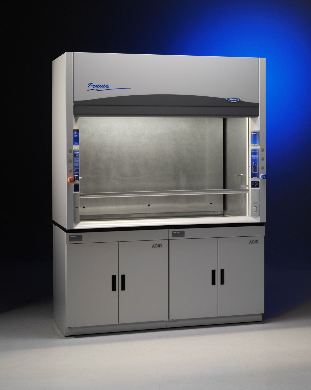 4' Protector Stainless Steel Radioisotope Laboratory Hood, 31.7" Depth, with 2 Service Fixtures, 208-230V, 50/60 Hz